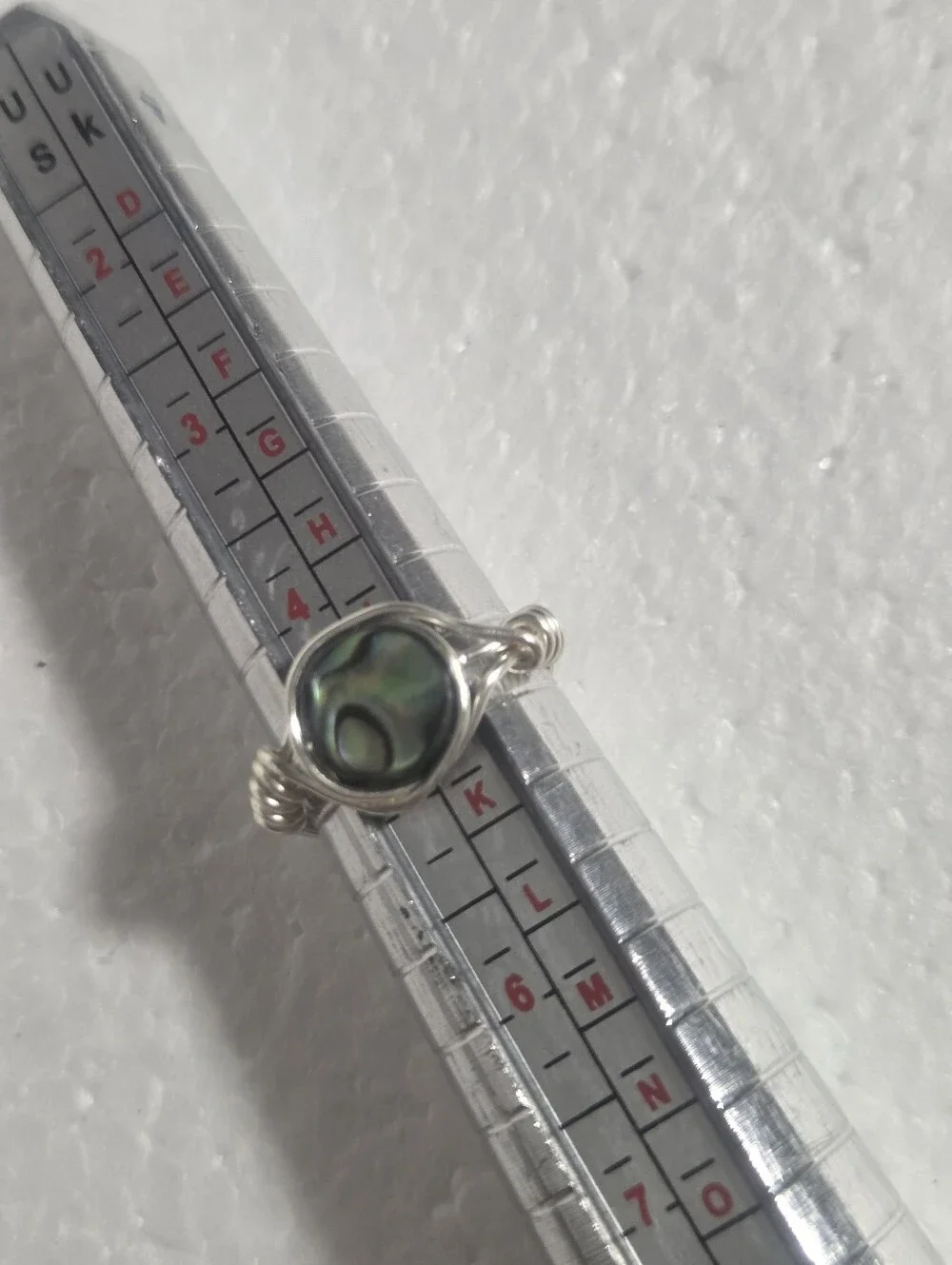 Handcrafted Silver Wire-Wrap Abalone Shell Ring - Iridescent Black-Green